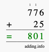 Calculate 776 + 25 using long addition