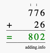 Calculate 776 + 26 using long addition