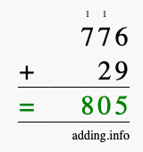 Calculate 776 + 29 using long addition