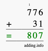 Calculate 776 + 31 using long addition
