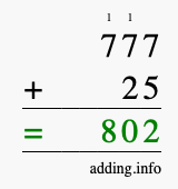 Calculate 777 + 25 using long addition