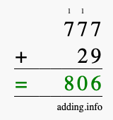 Calculate 777 + 29 using long addition