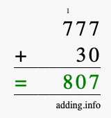 Calculate 777 + 30 using long addition