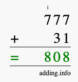 Calculate 777 + 31 using long addition