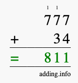 Calculate 777 + 34 using long addition