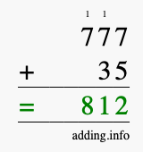 Calculate 777 + 35 using long addition