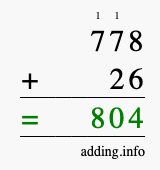 Calculate 778 + 26 using long addition