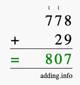 Calculate 778 + 29 using long addition