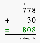 Calculate 778 + 30 using long addition