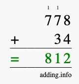 Calculate 778 + 34 using long addition