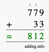 Calculate 779 + 33 using long addition