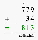 Calculate 779 + 34 using long addition