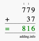 Calculate 779 + 37 using long addition