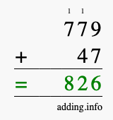 Calculate 779 + 47 using long addition