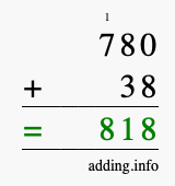 Calculate 780 + 38 using long addition