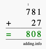 Calculate 781 + 27 using long addition
