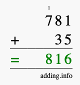 Calculate 781 + 35 using long addition