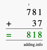 Calculate 781 + 37 using long addition