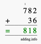 Calculate 782 + 36 using long addition