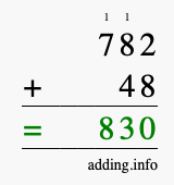 Calculate 782 + 48 using long addition