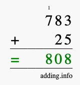 Calculate 783 + 25 using long addition