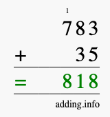 Calculate 783 + 35 using long addition
