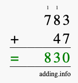 Calculate 783 + 47 using long addition