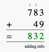 Calculate 783 + 49 using long addition