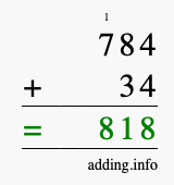 Calculate 784 + 34 using long addition