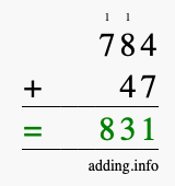 Calculate 784 + 47 using long addition