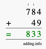 Calculate 784 + 49 using long addition