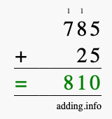 Calculate 785 + 25 using long addition