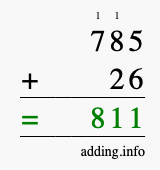 Calculate 785 + 26 using long addition
