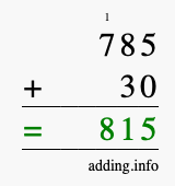 Calculate 785 + 30 using long addition