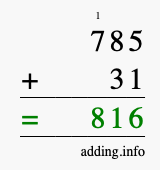 Calculate 785 + 31 using long addition