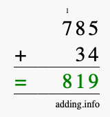 Calculate 785 + 34 using long addition