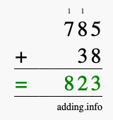 Calculate 785 + 38 using long addition