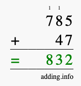 Calculate 785 + 47 using long addition