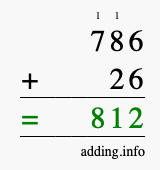 Calculate 786 + 26 using long addition