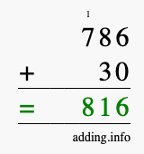 Calculate 786 + 30 using long addition