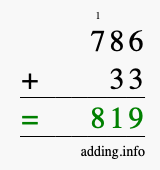 Calculate 786 + 33 using long addition