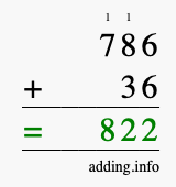 Calculate 786 + 36 using long addition