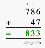 Calculate 786 + 47 using long addition