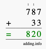 Calculate 787 + 33 using long addition