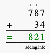Calculate 787 + 34 using long addition