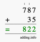 Calculate 787 + 35 using long addition