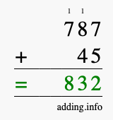 Calculate 787 + 45 using long addition