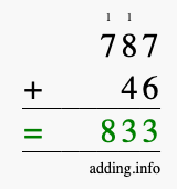 Calculate 787 + 46 using long addition