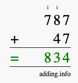 Calculate 787 + 47 using long addition