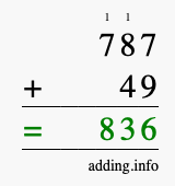 Calculate 787 + 49 using long addition